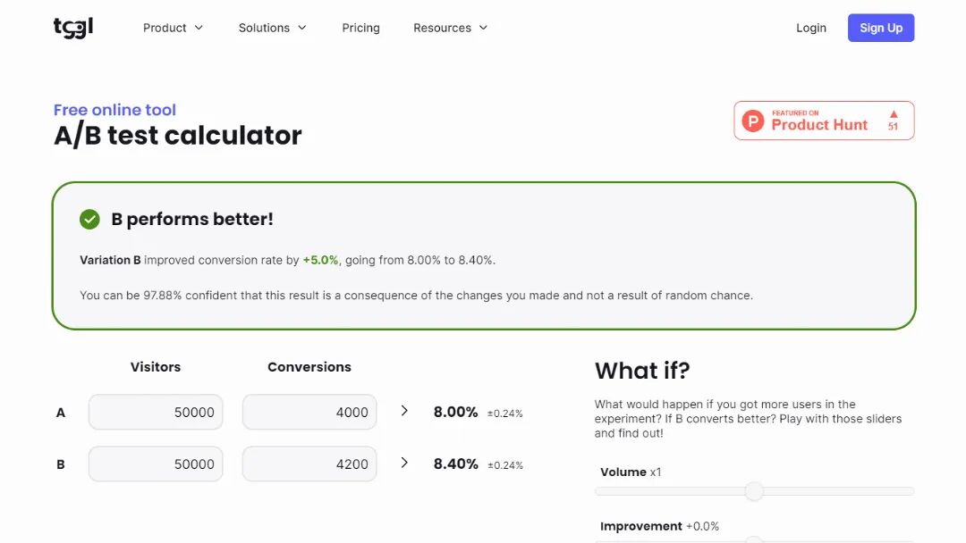 A/B Test significance calculator Screenshot