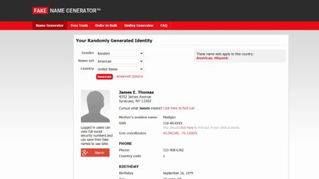 Fake Name Generator Website Screenshot